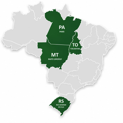Mapa oficial de atuação Agroconnecta: Rio Grande do Sul, Mato Grosso, Tocantins e Pará